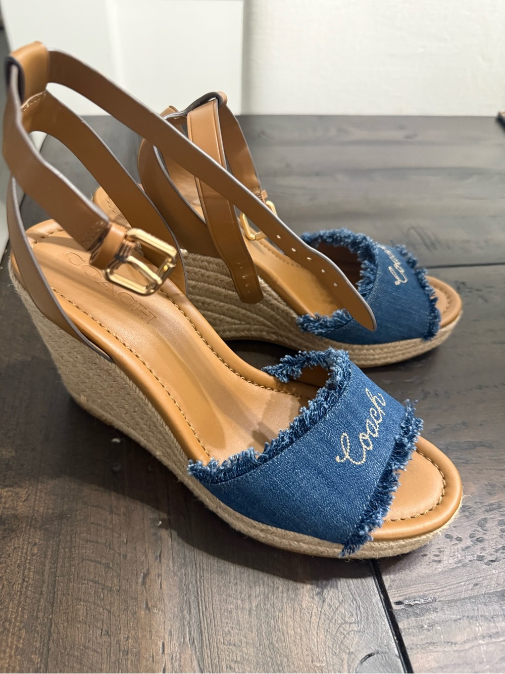Coach Denim Espadrille Wedge Sandals in Blue and Tan Leather